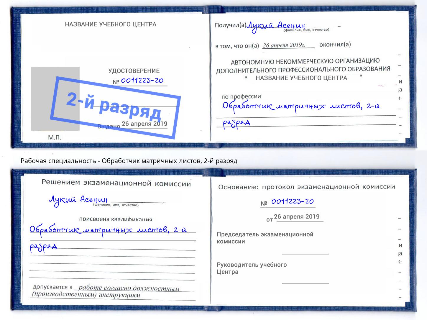 корочка 2-й разряд Обработчик матричных листов Волгоград